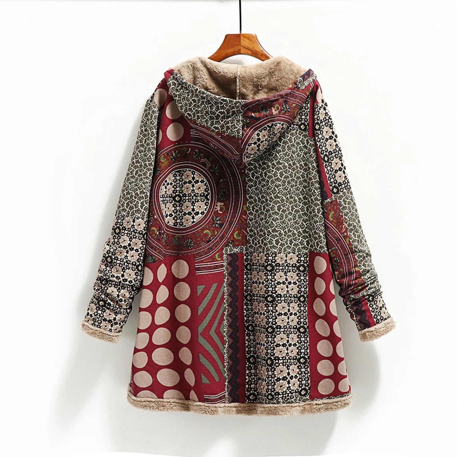 Fall Winter Fleece Jacket for Women Cotton and Linen Vintage Ethnic Printed Long Sleeve Hooded Pocket plus Velvet Casual Buttons Warm Outwear Coat #A01-Wine XL