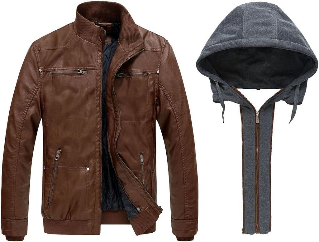 Men'S Faux Leather Jacket with Removable Hood Motorcycle Jacket Casual Warm Winter Coat
