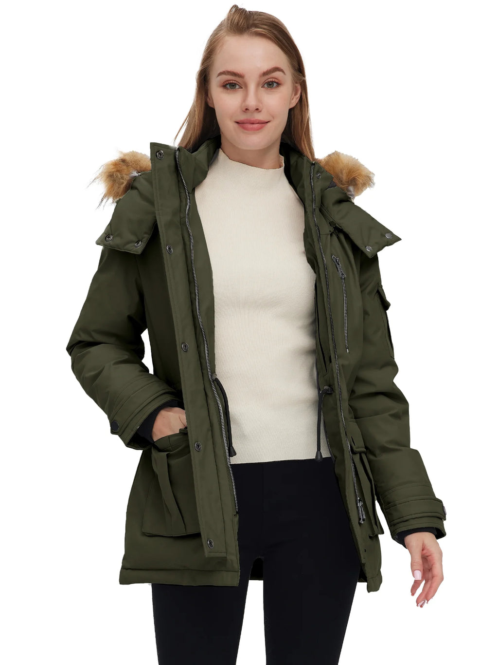 Women'S Winter Coat Warm Winter Jacket Hooded Winter Parka with Detachable Hood Army Green L