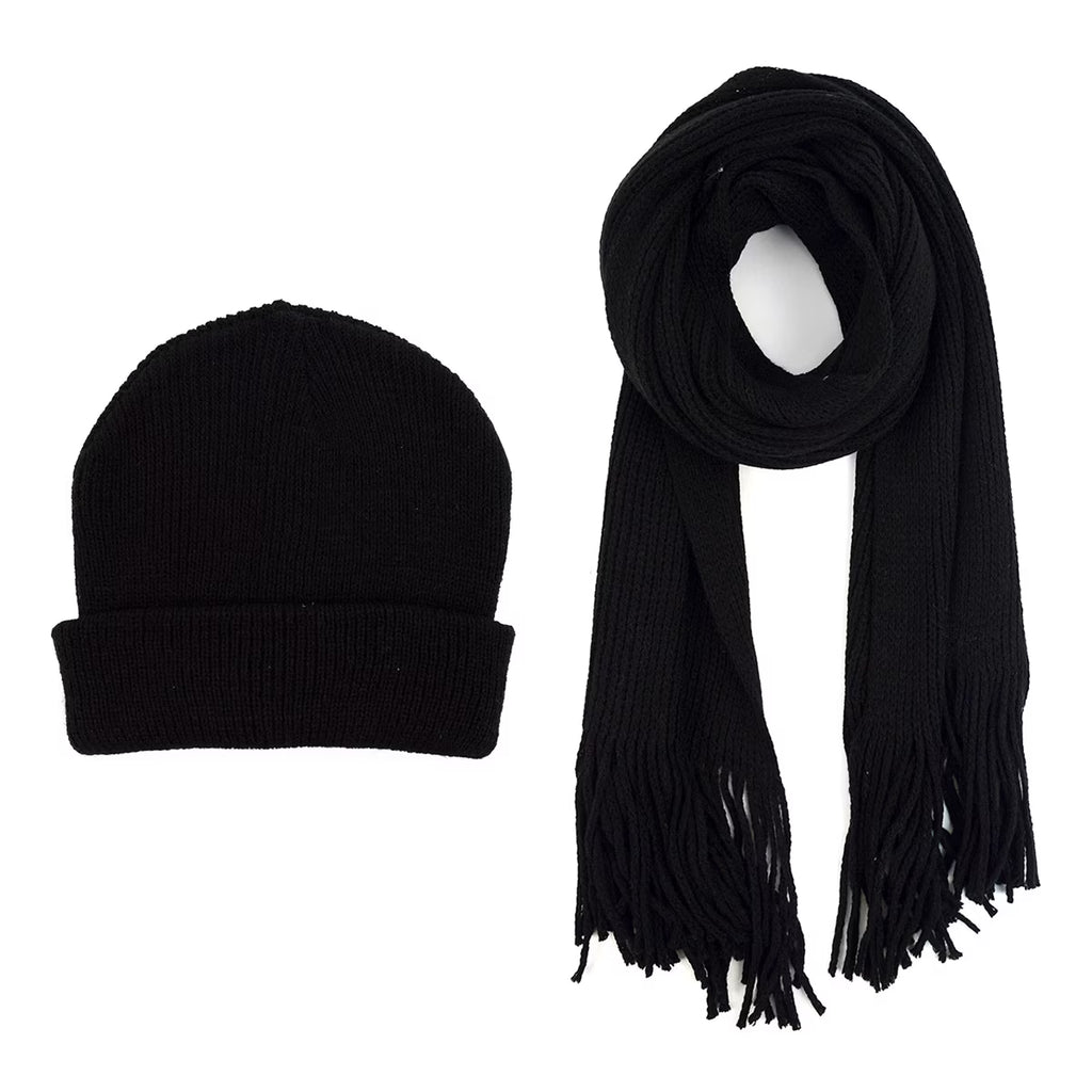 Men'S Winter Knit Scarf and Hat Set-Warm and Soft Acrylic Scarf and Beanie Hat-Black Solid