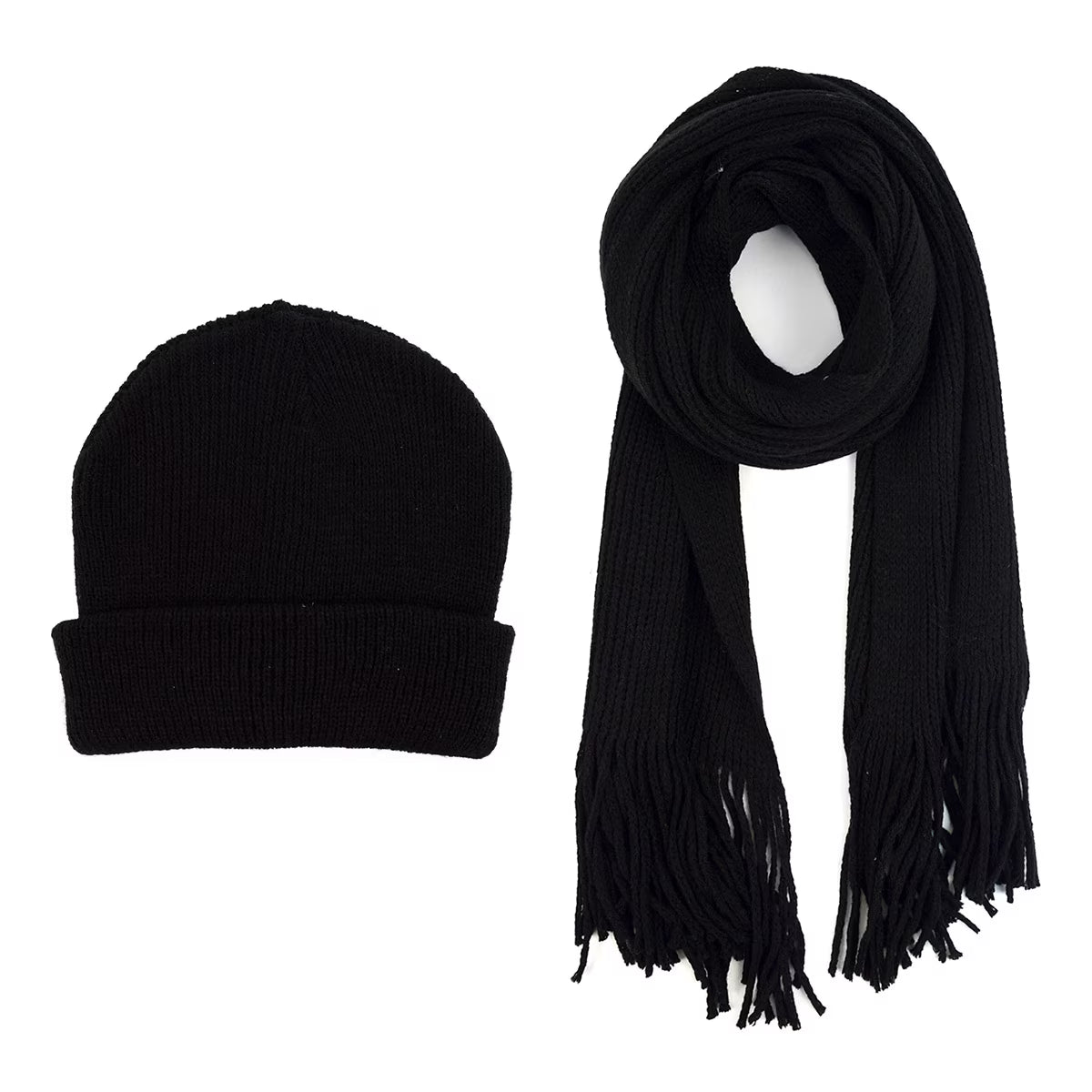 Men'S Winter Knit Scarf and Hat Set-Warm and Soft Acrylic Scarf and Beanie Hat-Black Solid