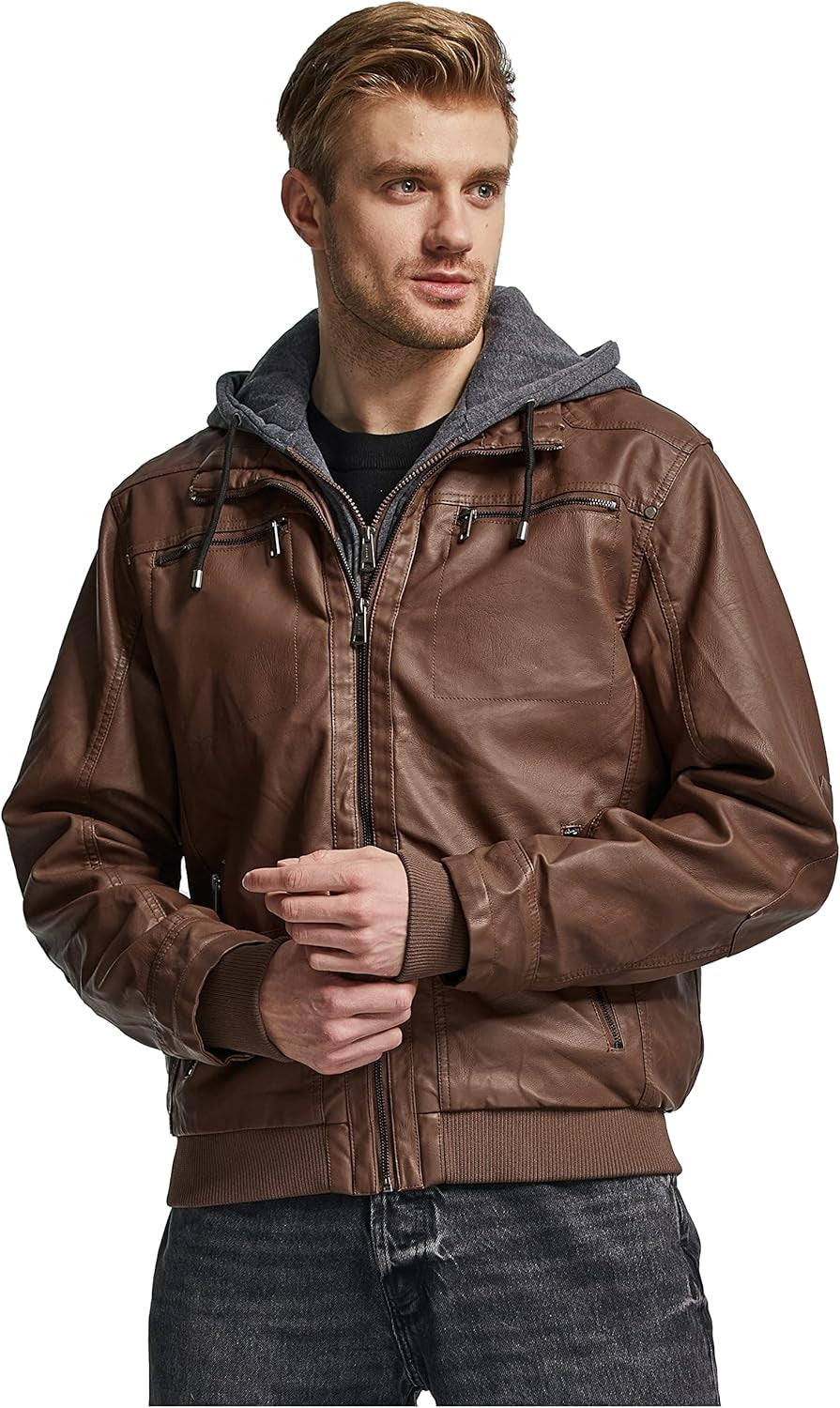 Men'S Faux Leather Jacket with Removable Hood Motorcycle Jacket Casual Warm Winter Coat