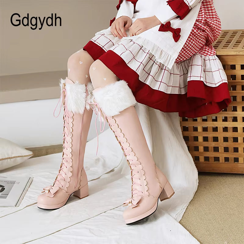 Warm Plush Winter Boots Women Knee High Long Boots Lace up Pink Gothic Lolita Shoes Female Fashion Bow Knot Big Size