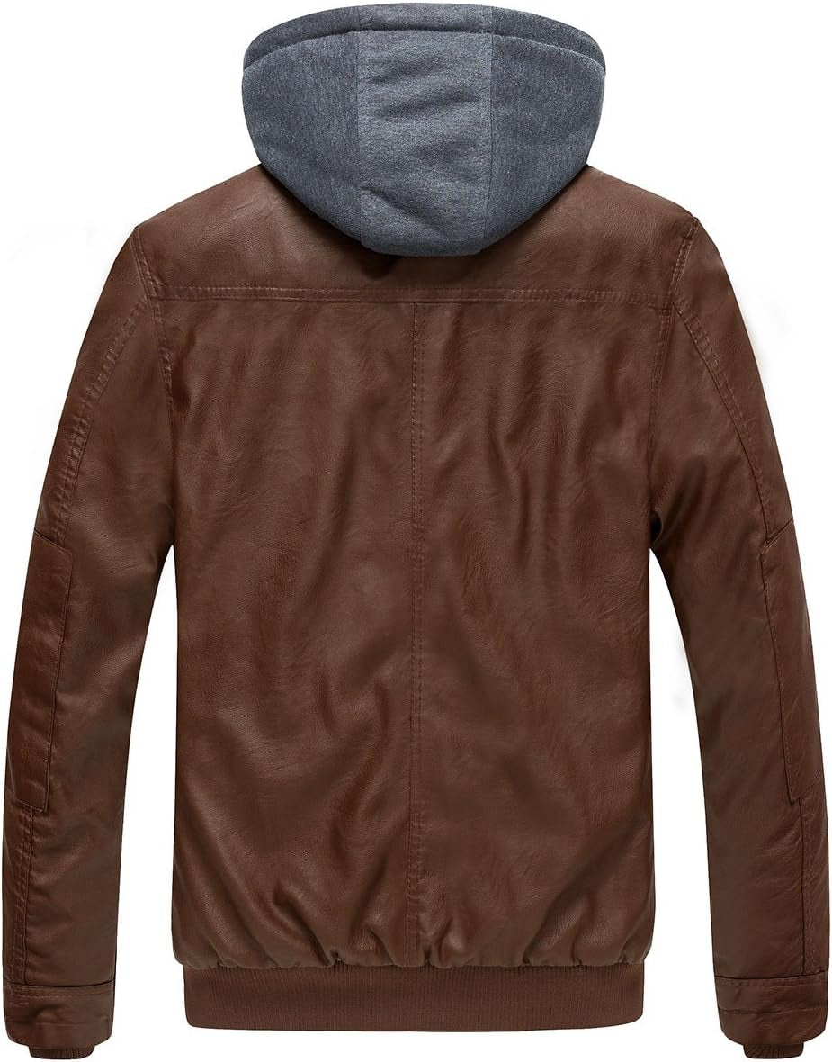 Men'S Faux Leather Jacket with Removable Hood Motorcycle Jacket Casual Warm Winter Coat