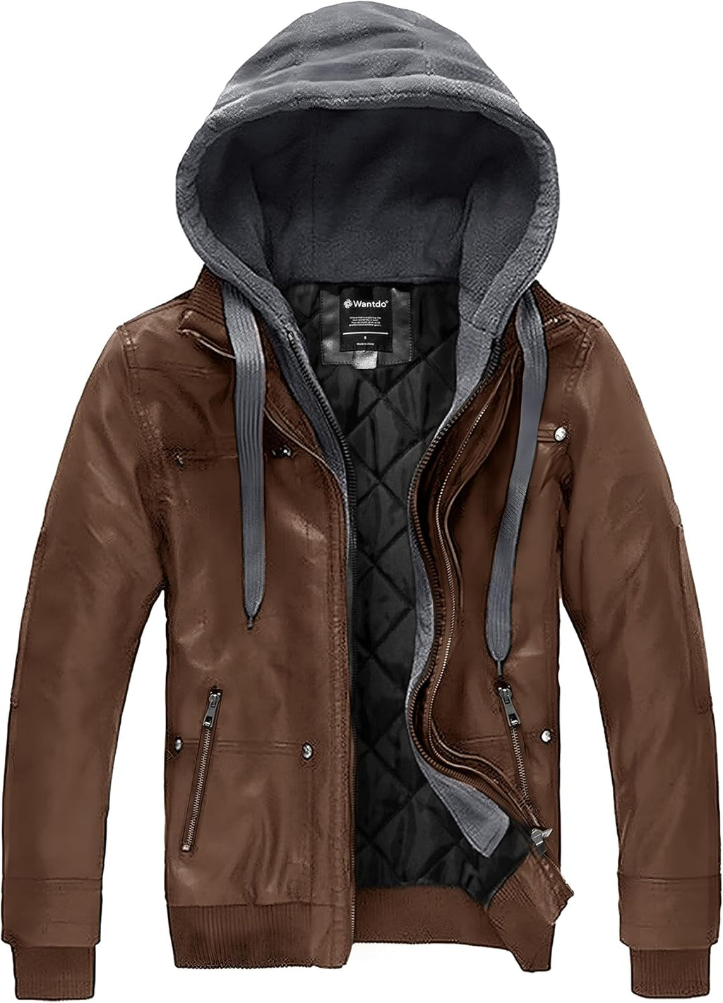Men'S Faux Leather Jacket with Removable Hood Motorcycle Jacket Casual Warm Winter Coat