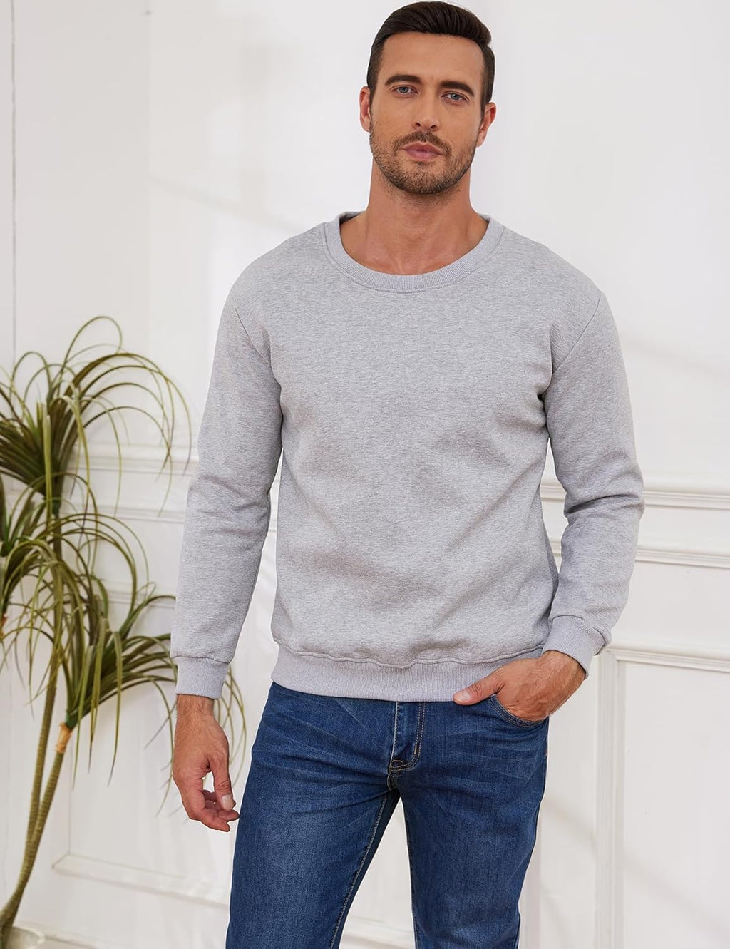 Men'S Crewneck Sweatshirt Winter Warm Sherpa Lined Pullover Fleece Top Sweatshirt