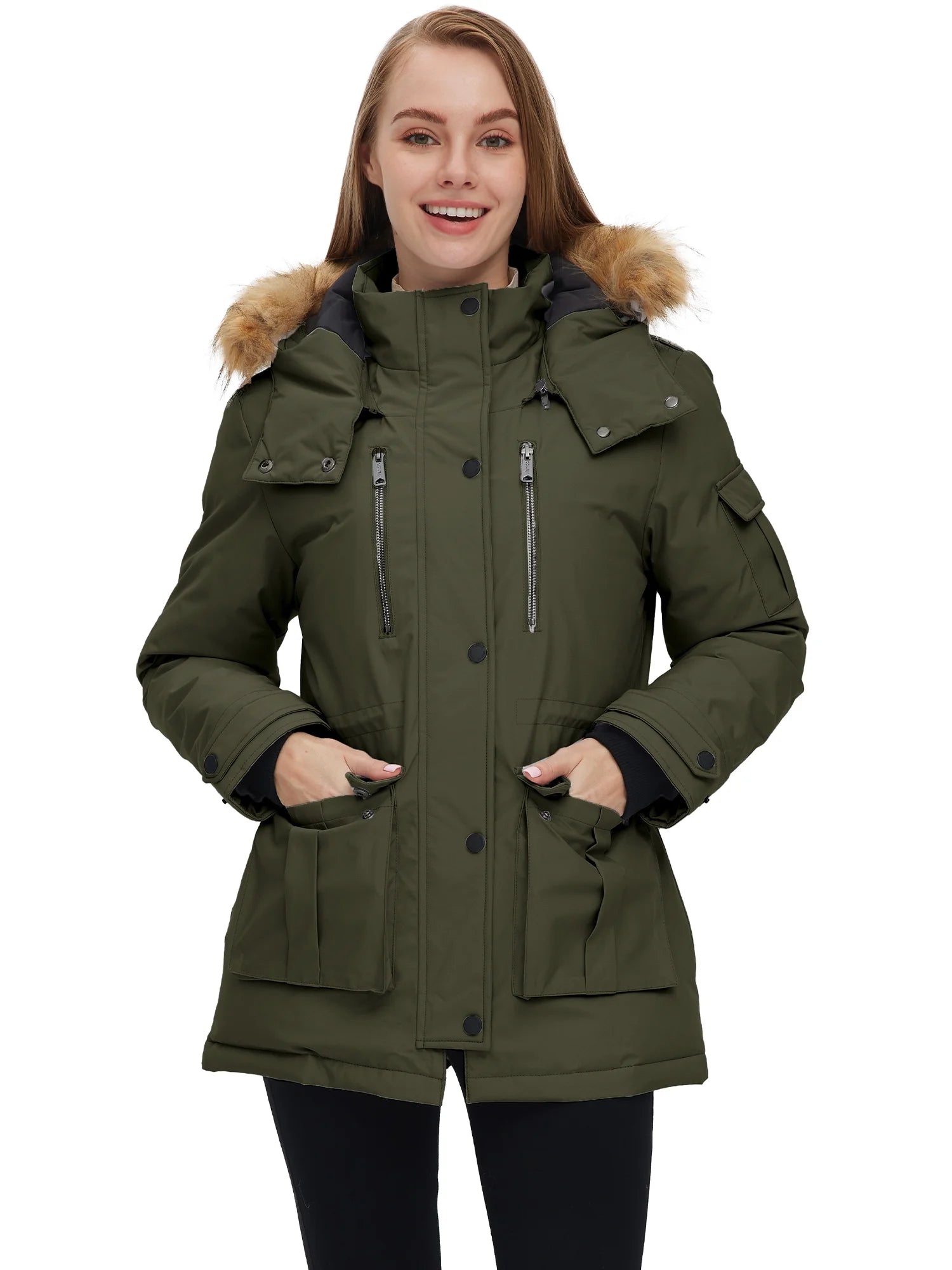 Women'S Winter Coat Warm Winter Jacket Hooded Winter Parka with Detachable Hood Army Green L