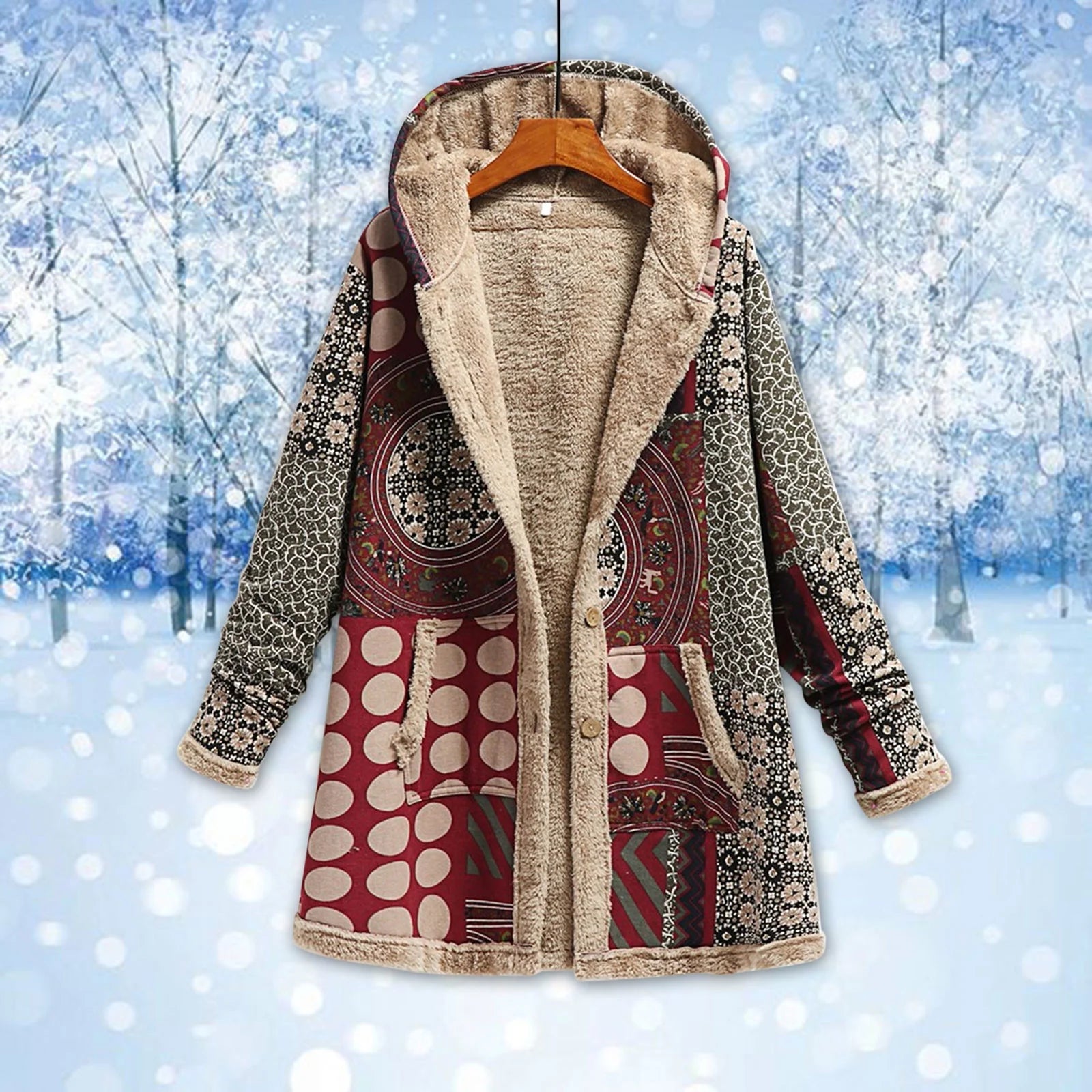 Fall Winter Fleece Jacket for Women Cotton and Linen Vintage Ethnic Printed Long Sleeve Hooded Pocket plus Velvet Casual Buttons Warm Outwear Coat #A01-Wine XL
